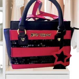 Betsey Johnson Pink Black Sequin Striped Shoulder Hand Bag w/Strap